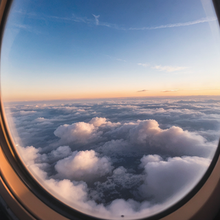 Looking out an airplane window above fluffy clouds