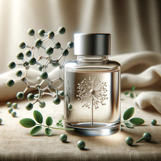 A_scientific_illustration_of_Moringa_oleifera_seed_oil_molecule_next_to_an_elegant_skincare_glass_bottle_emphasizing_its_beneficial_properties_for skin