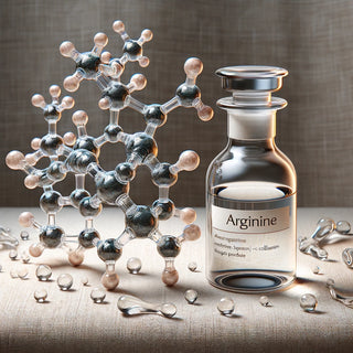 A_scientific_illustration_of_the_amino_acid_Arginine_highlighted_for_its_skincare_benefits_alongside_an_elegant_skincare_glass_bottle