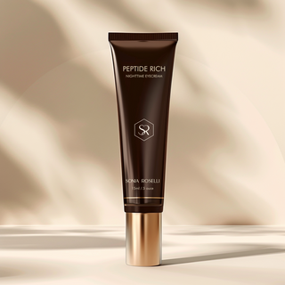 nighttime eye cream in brown bottle on cream background