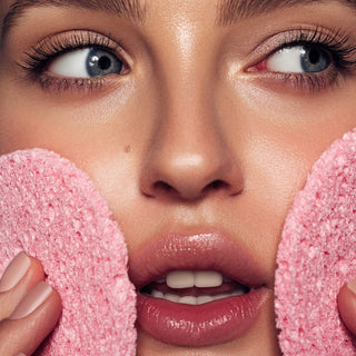 Woman cleaning face with sponges