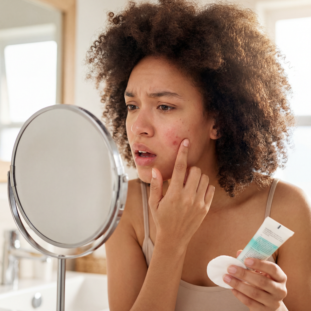 Woman with irritated, stinging skin from moisturizer - sensitive skin barrier damage