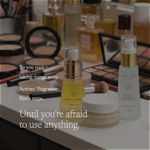 Two skincare products from Sonia Roselli on a white vanity table: a yellow Water Oil serum with gold accents and a white Barrier Cream jar, with makeup palettes and bottles blurred in the background. Text overlays read: 'So you start taking things away.