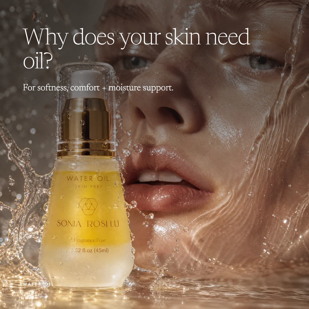 A bottle of Sonia Rosilli Water Oil stands in front of a close-up of a woman's face with water splashing around it. Large text reads, 'Why does your skin need oil?' and smaller text says, 'For softness, comfort + moisture support.