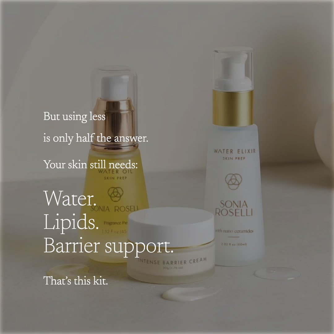 sensitive kit kit on background sensitive skin kit on bathroom countr, water elixir, water oil, intense barrier cream
