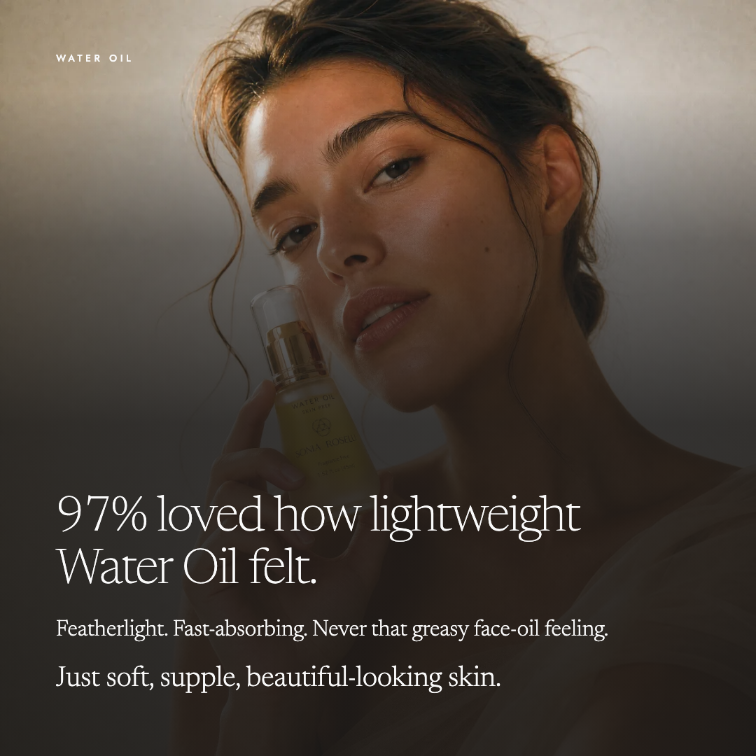 A woman with dewy skin holds a small bottle of Water Oil against her cheek in a softly lit portrait. Large text reads, '97% loved how lightweight Water Oil felt.