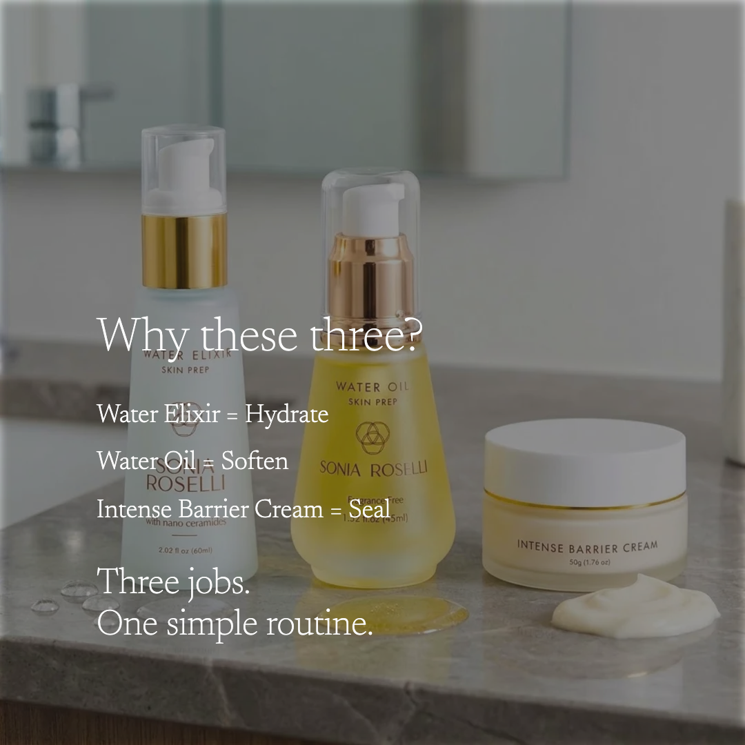 sensitive skin kit on bathroom countr, water elixir, water oil, intense barrier cream