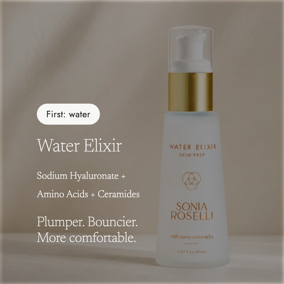 Sonia Roselli Water Elixir skin prep bottle with a gold collar and white pump, shown against a neutral beige background with promotional text on the left.