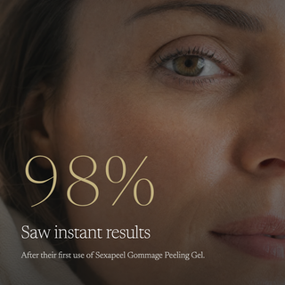 Close-up of a woman's face with large overlaid text reading '98% Saw instant results' and smaller text 'After their first use of Sexapeel Gommage Peeling Gel.'.