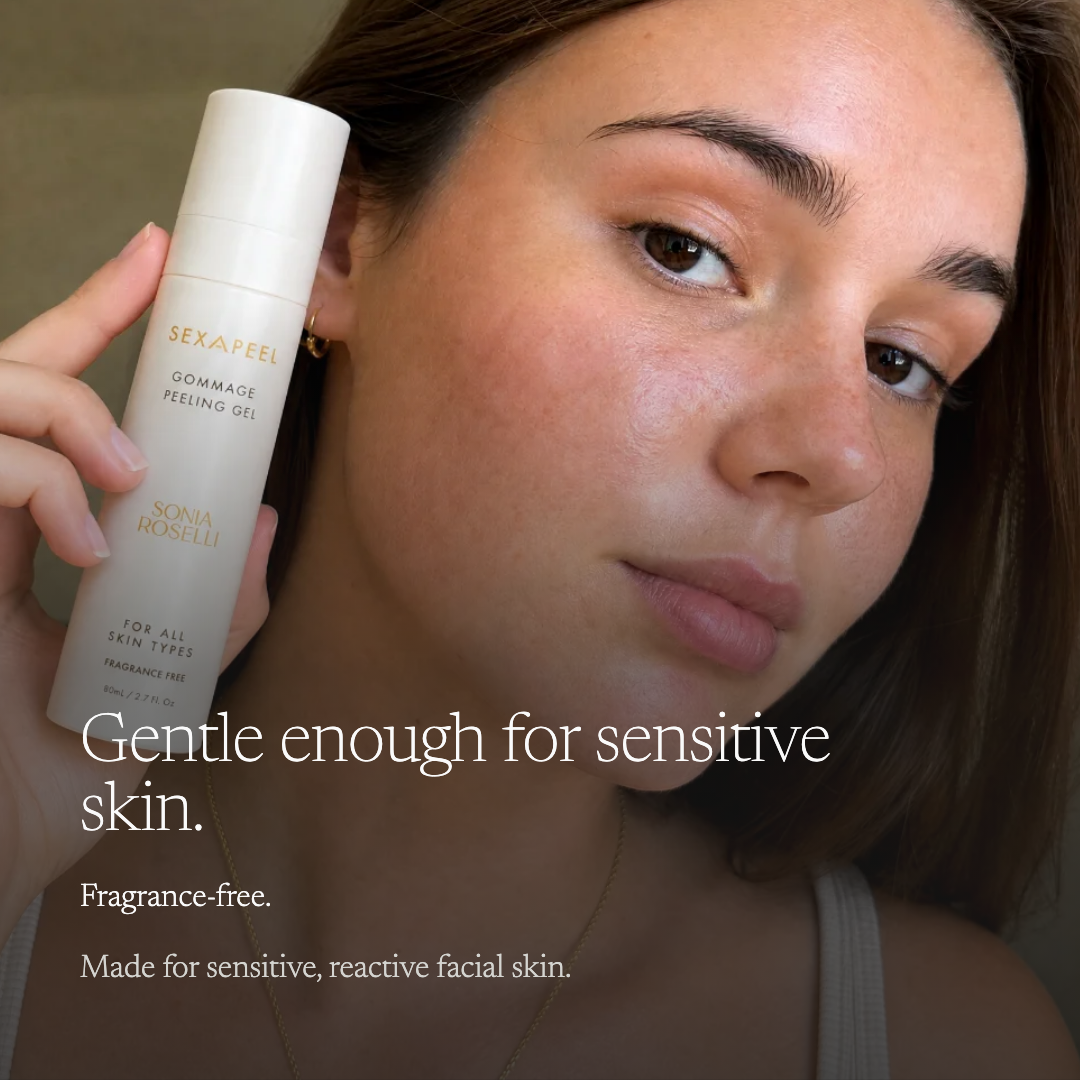A woman holds a white tube of SexaPeel Gommage Peeling Gel next to her face, with text overlays reading 'Gentle enough for sensitive skin. Fragrance-free.