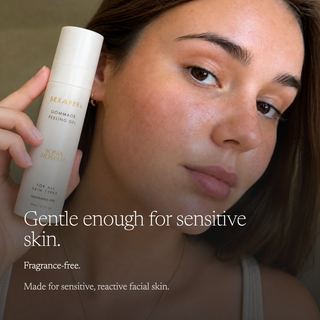 A woman holds a white tube of SexaPeel Gommage Peeling Gel next to her face, with text overlays reading 'Gentle enough for sensitive skin. Fragrance-free.
