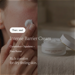 A split promotional image for Intense Barrier Cream. The left side shows a close-up of a person applying white cream to their face with text reading 'Then: seal' and product ingredients.