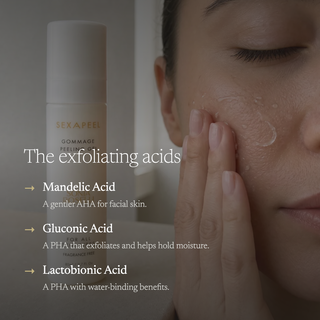 A close-up of a woman applying or absorbing a clear gel to her cheek, with a bottle of SEX.APEEL Gommage Facial Cleanser shown on the left.