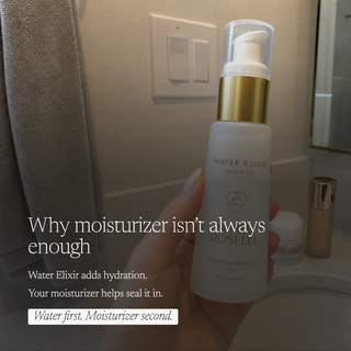 A hand holds a frosted white bottle of ROSELLA Water Elixir Skin Prep moisturizer with a gold pump collar and clear cap, set against a bathroom background with overlaid marketing text.