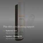 A white cylindrical bottle of SEXAPEEL Gommage Peeling Gel stands against a dark gray gradient background with a translucent gel smear to the right. White marketing text on the left lists skin-conditioning benefits: Hyaluronic Acid, Squalane + Moringa Oil.