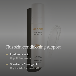 A white cylindrical bottle of SEXAPEEL Gommage Peeling Gel stands against a dark gray gradient background with a translucent gel smear to the right. White marketing text on the left lists skin-conditioning benefits: Hyaluronic Acid, Squalane + Moringa Oil.