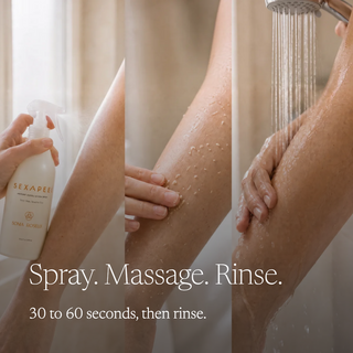 A three-panel lifestyle graphic showing a hand holding a white spray bottle labeled SEXAREE, then applying and massaging a beige body scrub onto a leg, and finally rinsing under a shower head. Text overlays read 'Spray.