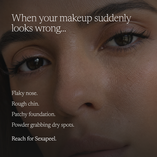 Close-up of a woman's face with overlaid text reading 'When your makeup suddenly looks wrong.