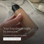 A hand holds a clear bottle of liquid foundation with beige makeup inside, against a soft marble surface background. White text on the image reads, 'Your foundation might be innocent.