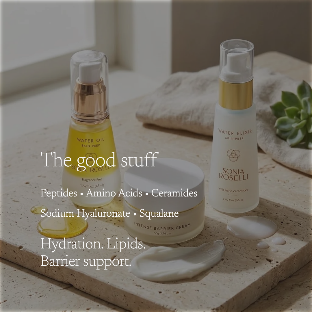 sensitive skin kit on bathroom countr, water elixir, water oil, intense barrier cream