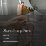 A two-panel beauty infographic for a facial oil. The top panel shows a hand holding a gold and white bottle labeled 'VRAI ROSE' under the heading 'WATER OIL'.