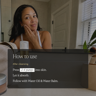 A woman in a bathroom applies a skincare product to her face, with an overlaid dark semi-transparent instructional panel reading 'How to use' and application steps. A pump bottle is visible in the foreground.