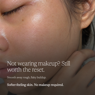 Close-up of a person's cheek and ear with overlaid marketing text about skin texture and makeup, indicating a skincare or makeup-related product result.