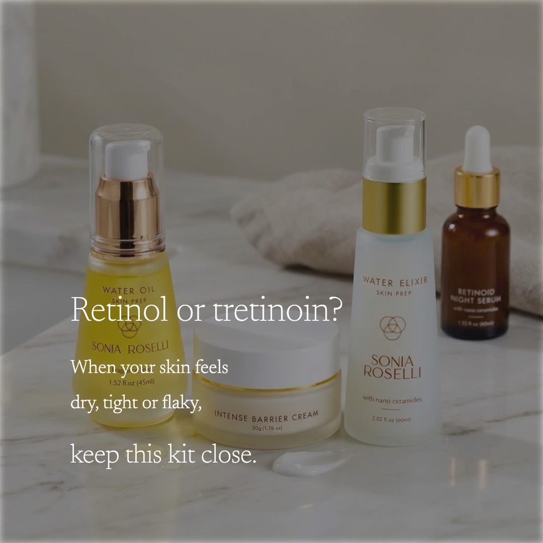 Four Sonia Roselli skincare products arranged on a marble surface with a soft neutral background: a yellow Water Oil bottle, a white Intense Barrier Cream jar, a white Water Elixir pump bottle, and a brown bottle of Betnoid Night Serum. White text overlays the left side, and the image has a darkened overlay to reduce glare.