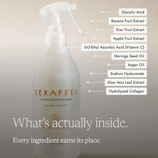A bottle of Sexapeel Instant Exfoliation Spray with ingredient callout labels pointing to components like Glycolic Acid, Banana Fruit Extract, Kiwi Fruit Extract, Apple Fruit Extract, 3-O-Ethyl Ascorbic Acid (Vitamin C), Morings Seed Oil, Argan Oil, Sodium Hyaluronate, Aloe Vera Leaf Extract, and Hydrolyzed Collagen.