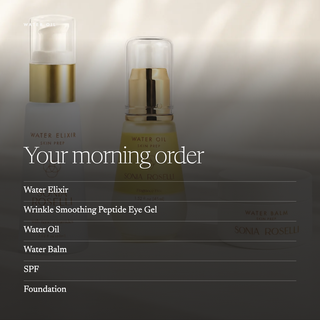 A promotional graphic showing skincare bottles with overlaid text reading 'Your morning order' and a list of included items: Water Elixir, Water Oil, Water Balm, SPF, and Foundation. The bottles are white and gold with a soft gray gradient background and light streaks.