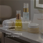A styled skincare product display on a marble counter with overlaid text reading 'Lasers? Microneedling? Once your provider clears you for skincare: Simple + comforting is the assignment.' Visible products include a gold-and-clear serum bottle, a pale blue pump bottle labeled Water Elixir, and a cream jar labeled Intense Barrier Cream, with a Sonia R.