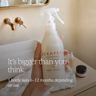 A hand holds a large white bottle of Sexapeel Instant Exfoliation Spray by Sonia Roselli on a bathroom counter next to a sink, with promotional text overlaid on the left.