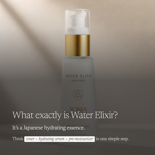A frosted glass skincare pump bottle labeled 'WATER ELIXIR SKIN PREP' with a gold collar and white pump, shown on a warm gray gradient background with promotional text about a hydrating essence.