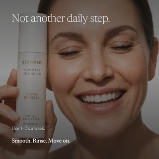 A smiling woman with closed eyes holds a white bottle of SEXA PEEL Gommage Peeling Gel next to her face. The image features a dark overlay with text reading 'Not another daily step.