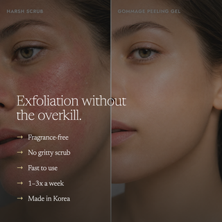 A split-screen skincare marketing image showing a woman's face before and after use. The left side is labeled 'HARSH SCRUB' with visible redness and texture, and the right side is labeled 'GOMMAGE PEELING GEL' with smoother, clearer skin.