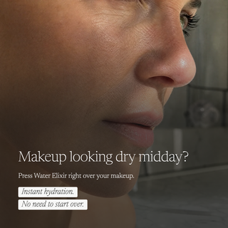 Close-up of a woman's face with text overlay reading 'Makeup looking dry midday?' and 'Press Water Elixir right over your makeup.' Two buttons say 'Instant hydration.