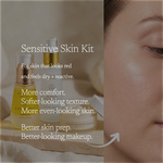 Sensitive Skin Kit advertisement featuring three skincare products from Spoiled Face Cosmetics: a yellow-toned serum, a white pump bottle, and a white cream jar. Text overlays describe benefits for sensitive, dry, and reactive skin, next to a close-up of a woman's face with a red, reactive complexion indicated by an arrow.
