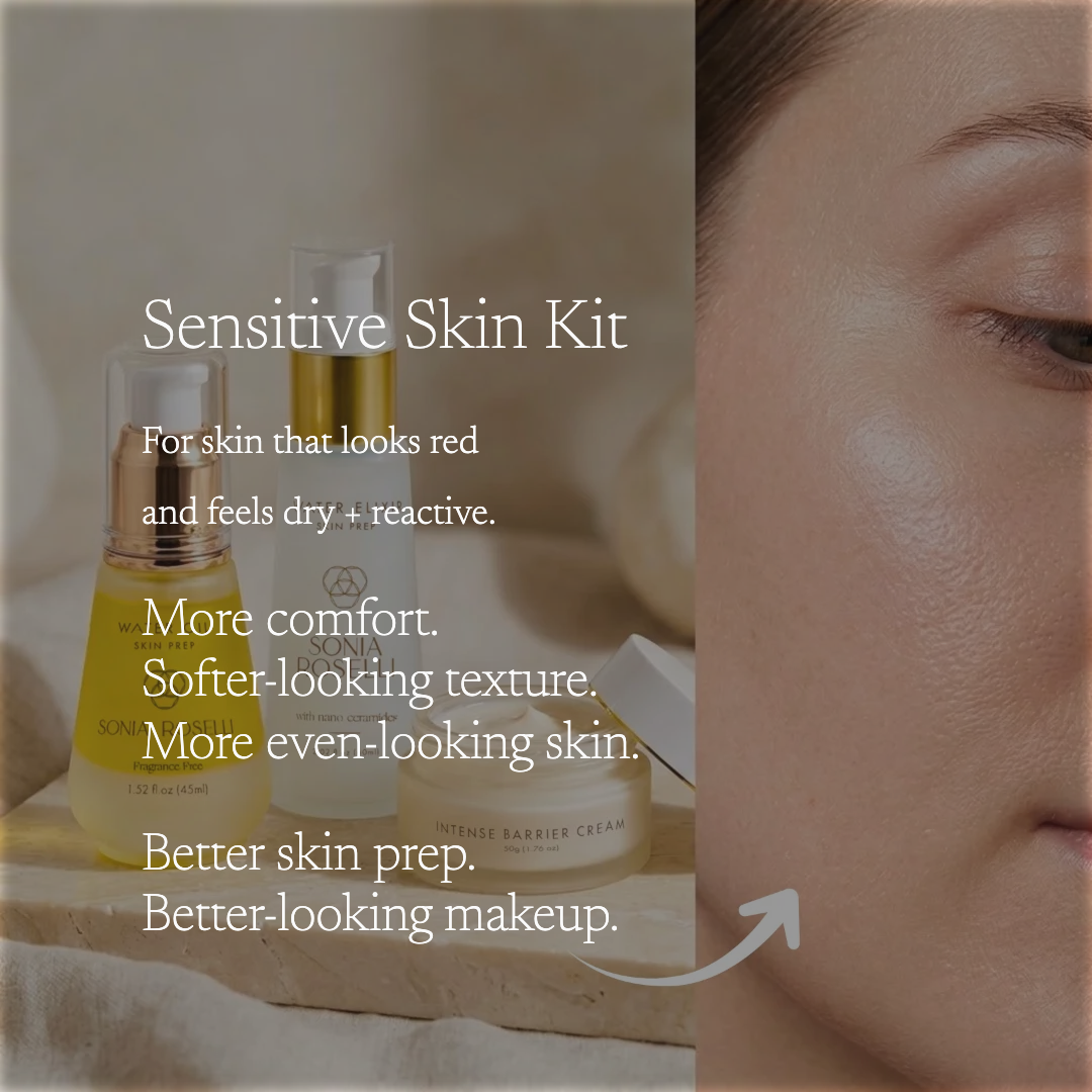 Sensitive Skin Kit advertisement featuring three skincare products from Spoiled Face Cosmetics: a yellow-toned serum, a white pump bottle, and a white cream jar. Text overlays describe benefits for sensitive, dry, and reactive skin, next to a close-up of a woman's face with a red, reactive complexion indicated by an arrow.