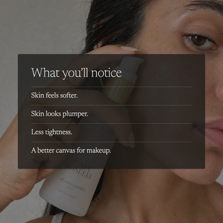 A close-up of a woman holding a bottle of Sonia Ghibelli Cell Radiante Creamy Cushions while a dark translucent text box reads: 'What you'll notice' with skin benefits listed below.