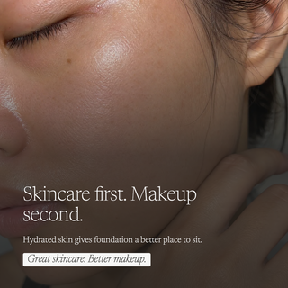 Close-up of a person's face with closed eyes and hand against cheek, showing hydrated, glowing skin. White text reads: 'Skincare first.