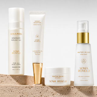 skin prep kit with water elixir, water balm, eye cream and sexapeel gel o stone counter