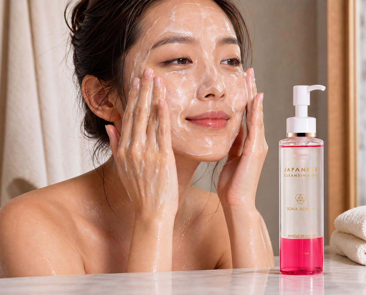 A woman with white cleanser foam on her face applies gentle pressure with her hands while a bottle of Japanese Cleansing Oil sits on the counter beside her.