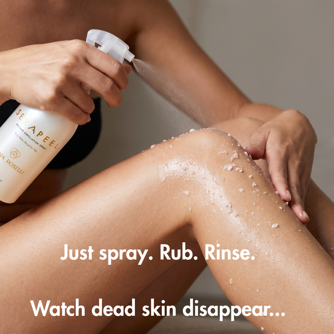 spraying sexapeel on the legs showing the gommage effect