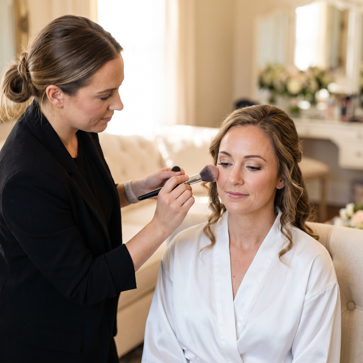 A makeup artist in a black blazer applies makeup with a brush to a woman's face while she sits in a white robe in a bright, elegant room.