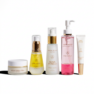 Six Sonia Roselli skincare products arranged in a row on a white background, including an intense barbule cream jar, water oil serum, water elixir skin pearl, Japanese cleansing oil, and a white tube with gold detailing.