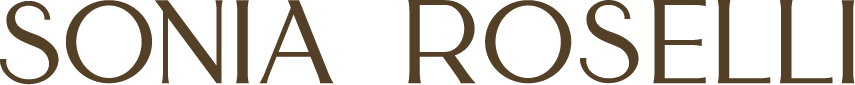 Sonia Roselli brand name in dark brown serif lettering on a black background.