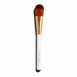 A Sonia RosSELL makeup brush with a white handle, rose gold ferrule, and brown bristles, shown vertically on a white background.