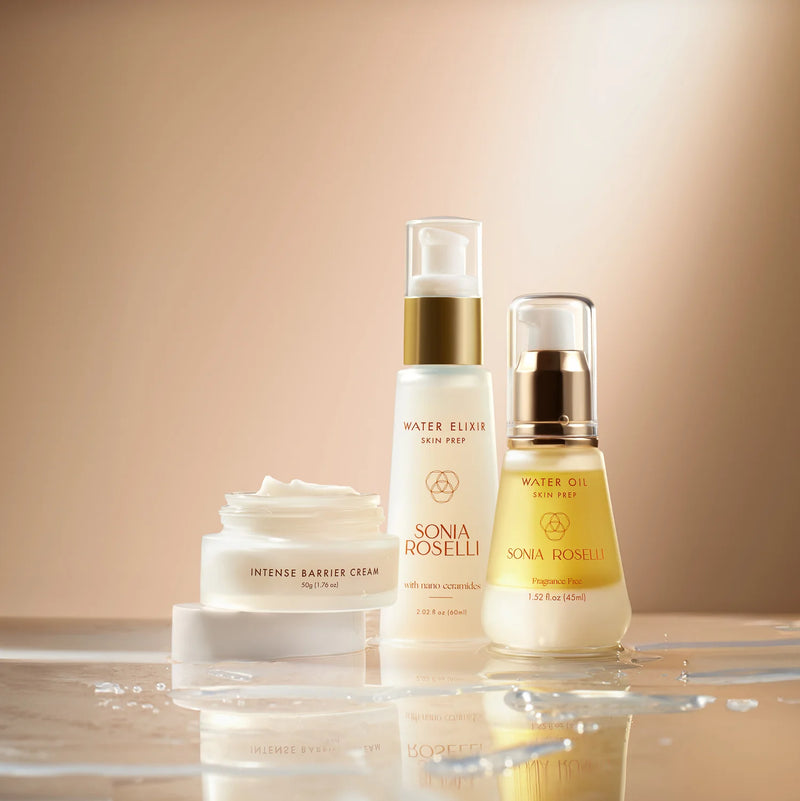 Skincare on glass and cream background