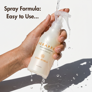 sexapeel spray with water falling on it white backdrop in the hand
