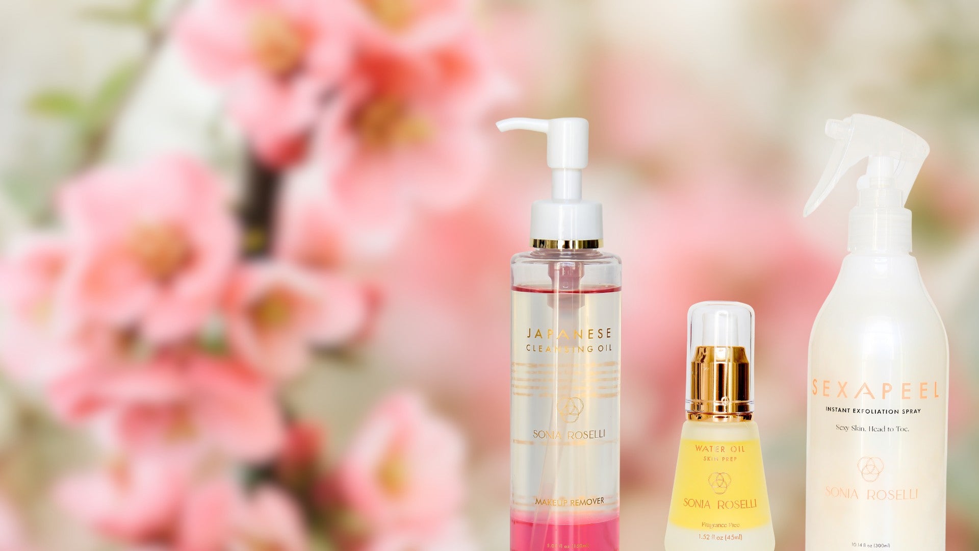 Japanese Cleansing Oil, Water Oil, and Sexapeel in front of a pink orchid background.